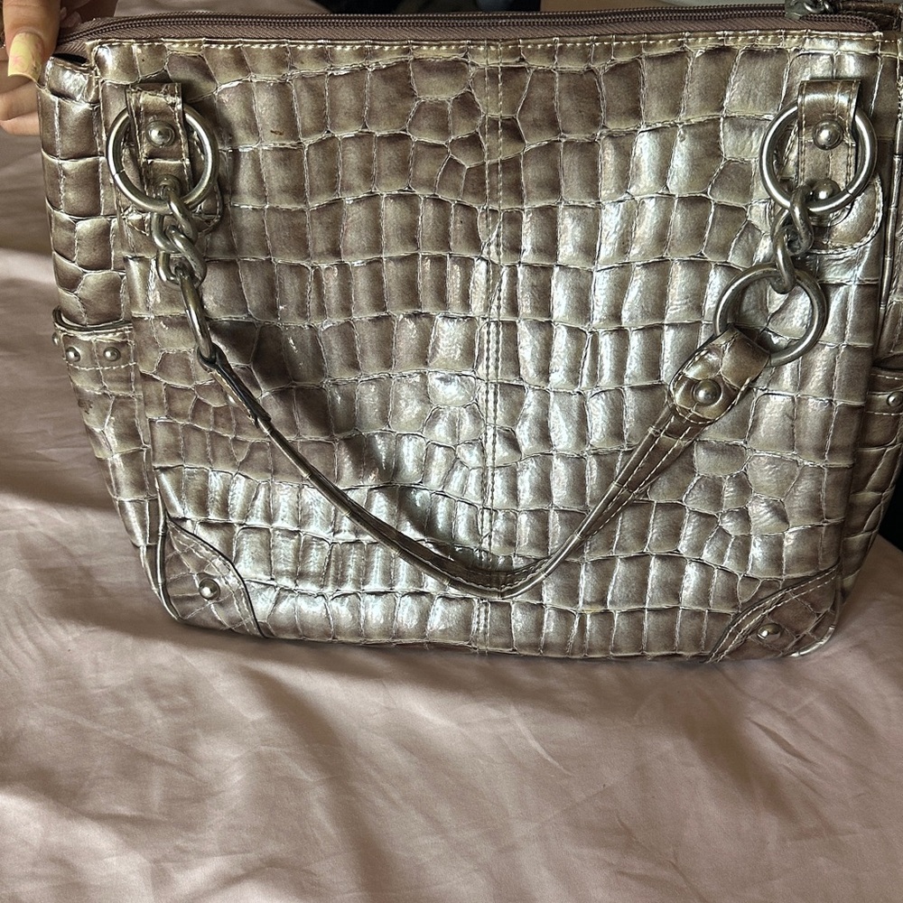 Metallic Croc-Embossed Women’s Tote Bag - Silver KATHY New zeland